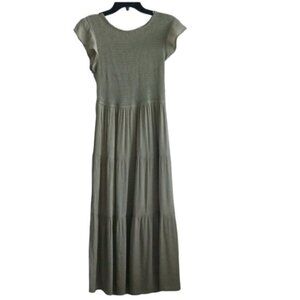 By The River Midi Dress Smocked Green Flutter Sleeve Prairie Boho Sz.L